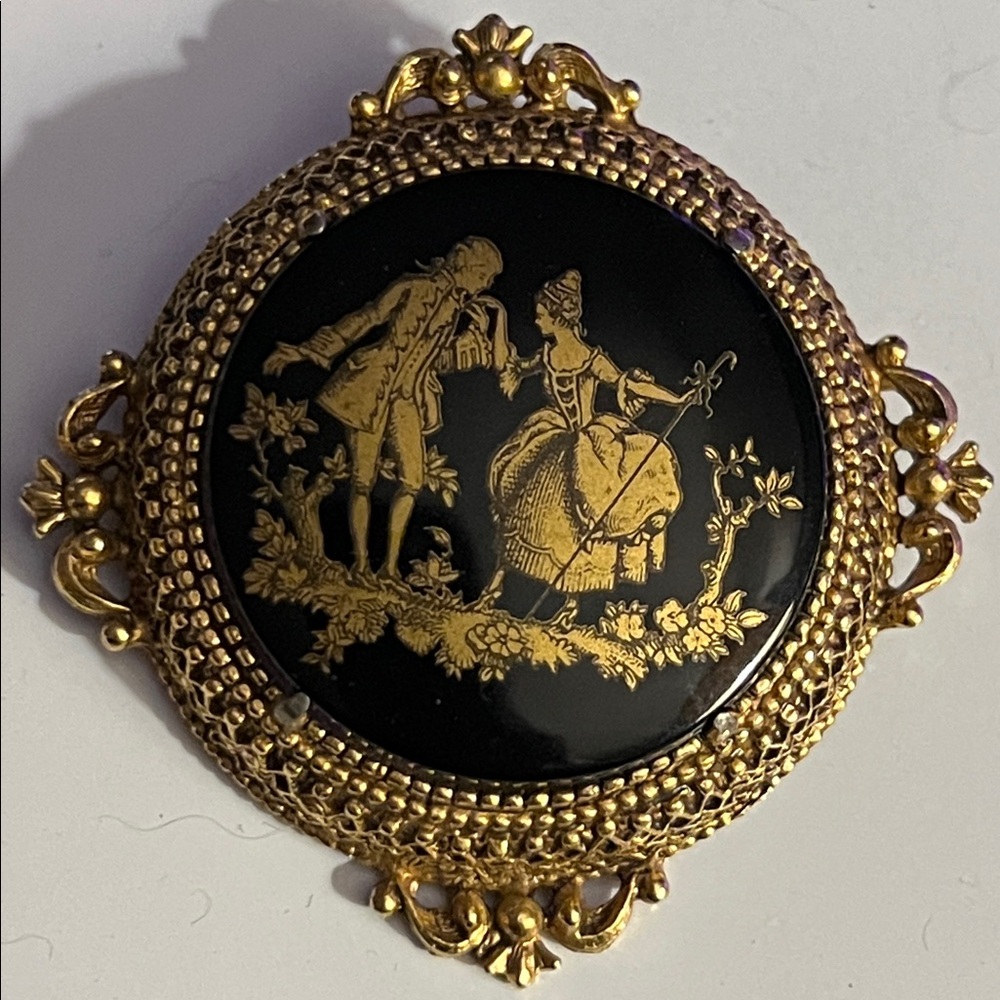 Vintage Signed FLORENZA Goldtone Gold FRAGONARD Scene Miniature Pin Brooch - Picture 8 of 8